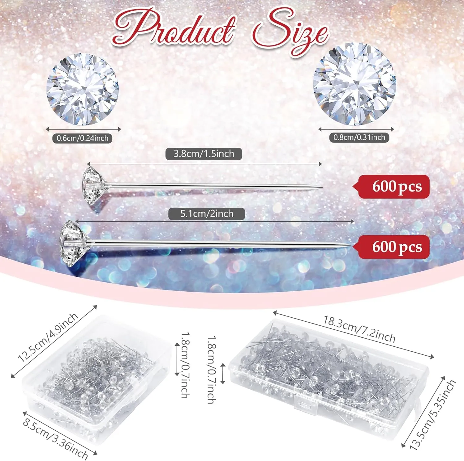 1200 Pcs Corsage Bouquet Pins 1.5inch and 2inch Crystal Diamond Pins Rhinestone Brooch Straight Floral Pins Clear Flower Bouquet Diamond Pins for Bouquets Wedding Bridal Anniversaries DIY Craft