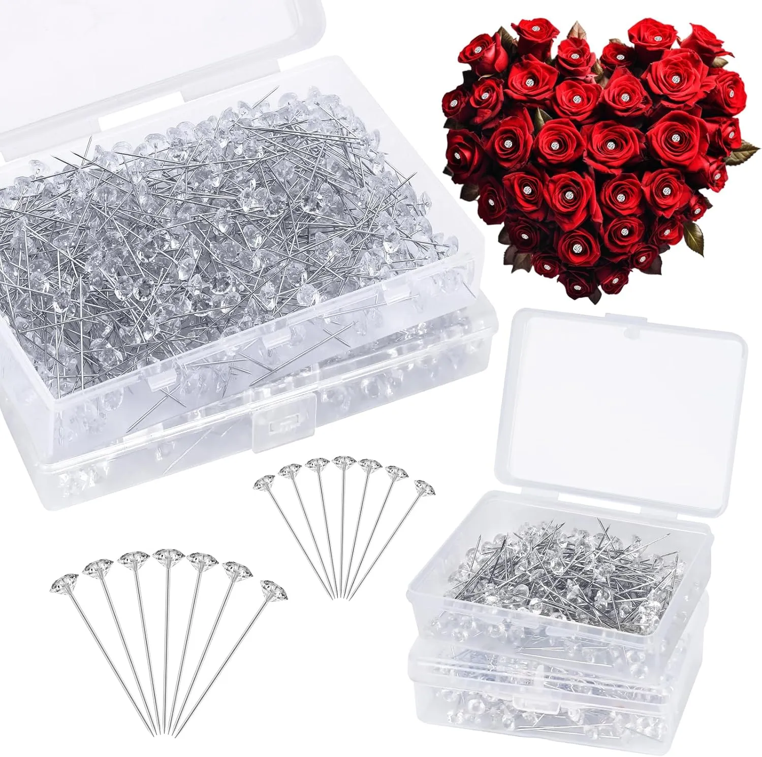 1200 Pcs Corsage Bouquet Pins 1.5inch and 2inch Crystal Diamond Pins Rhinestone Brooch Straight Floral Pins Clear Flower Bouquet Diamond Pins for Bouquets Wedding Bridal Anniversaries DIY Craft