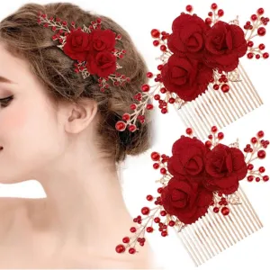 2 PCS Red Rose Flower Hair Combs Rose Gold Bridal Side Combs Floral Rhinestone Pearl Comb Decorative Flower Hairpin Crystal Headpiece Sparkly Wedding Hair Accessories