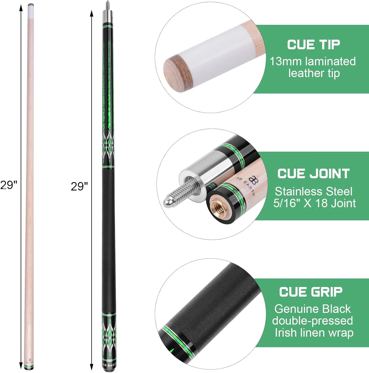 58" Pool Cue Stick Canadian Maple 13mm Tip Billiard Cue with Irish Linen Wrap