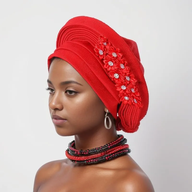 African Nigeria Aoto Gele Head Tie Turbans with Flower for Women Muslim ASO Oke Wedding Party Headwraps