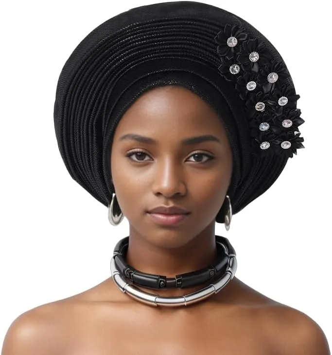African Nigeria Aoto Gele Head Tie Turbans with Flower for Women Muslim ASO Oke Wedding Party Headwraps