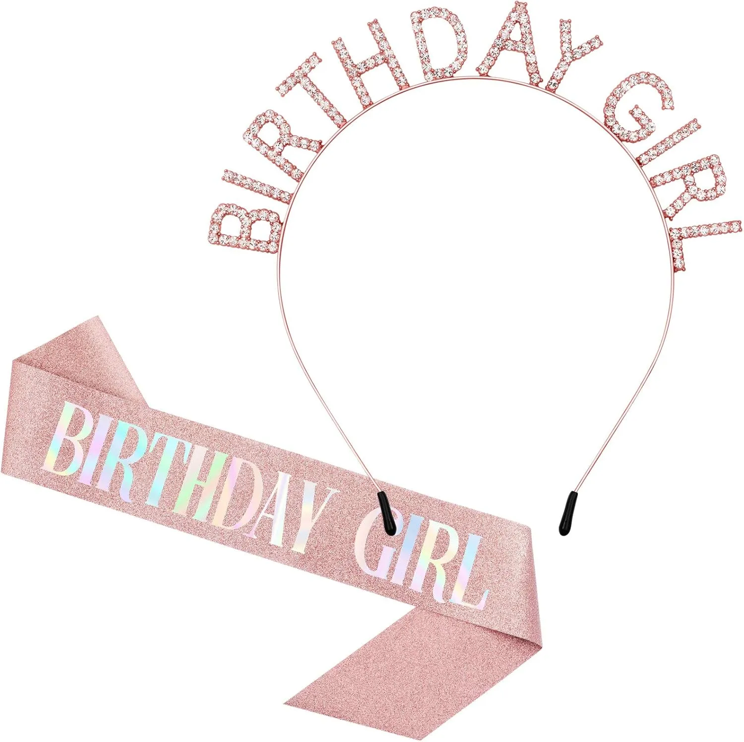 Birthday Crown and Sash Set for Women - Glitter Birthday Girl Sash, Rose-Gold Rhinestone Tiara Headband Gifts Sweet Happy Accessories