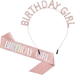 Birthday Crown and Sash Set for Women - Glitter Birthday Girl Sash, Rose-Gold Rhinestone Tiara Headband Gifts Sweet Happy Accessories