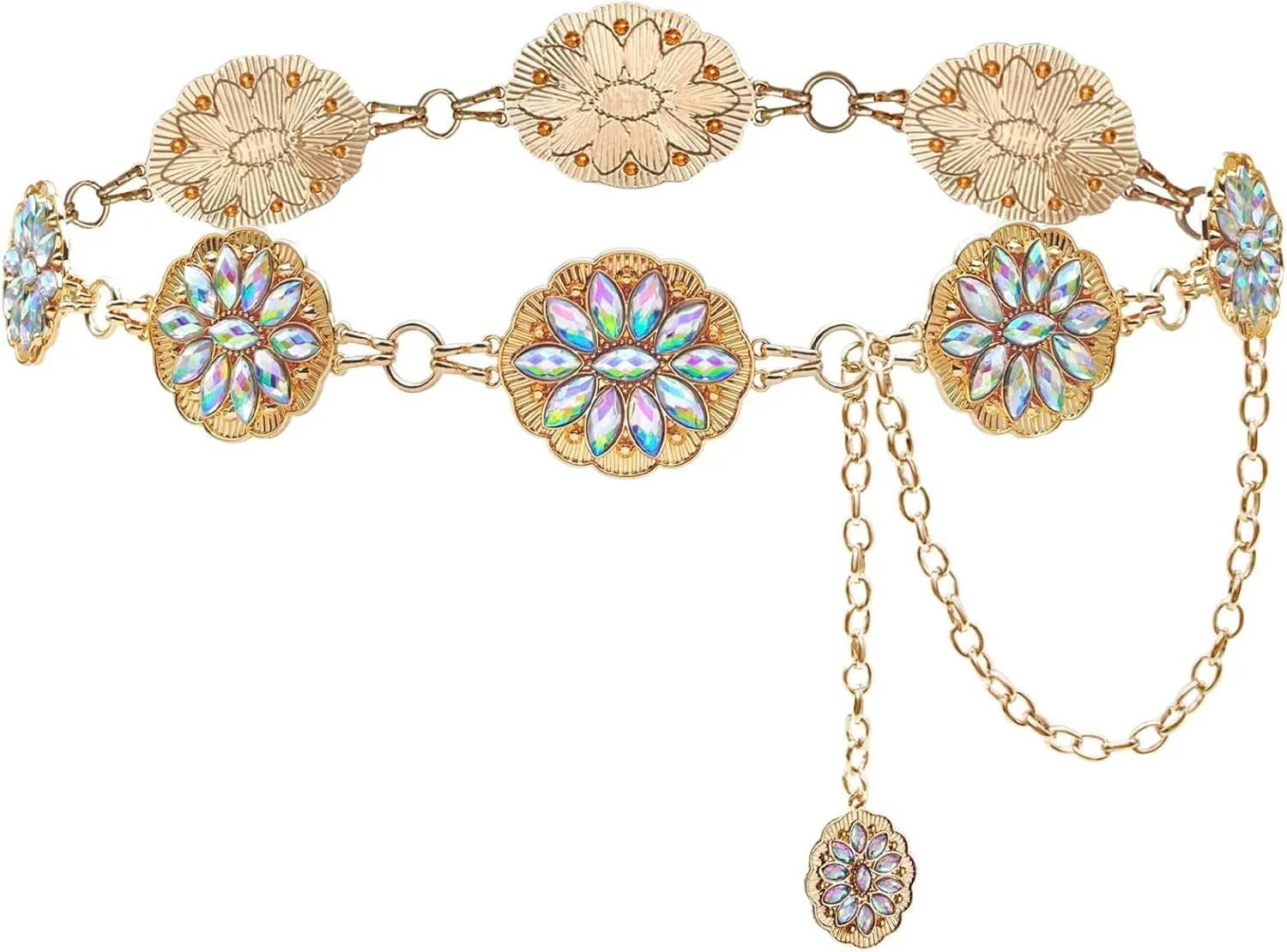 Bling Rhinestone Concho Belt Gold Metal Western Pink Crystal Chain Belt Sparkly Waist Chain for Women Dress