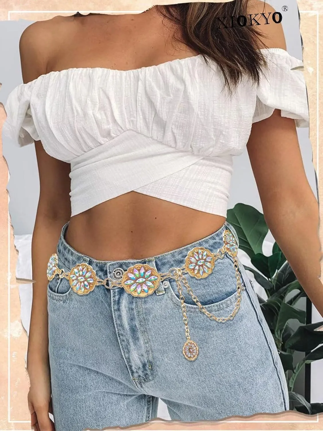 Bling Rhinestone Concho Belt Gold Metal Western Pink Crystal Chain Belt Sparkly Waist Chain for Women Dress