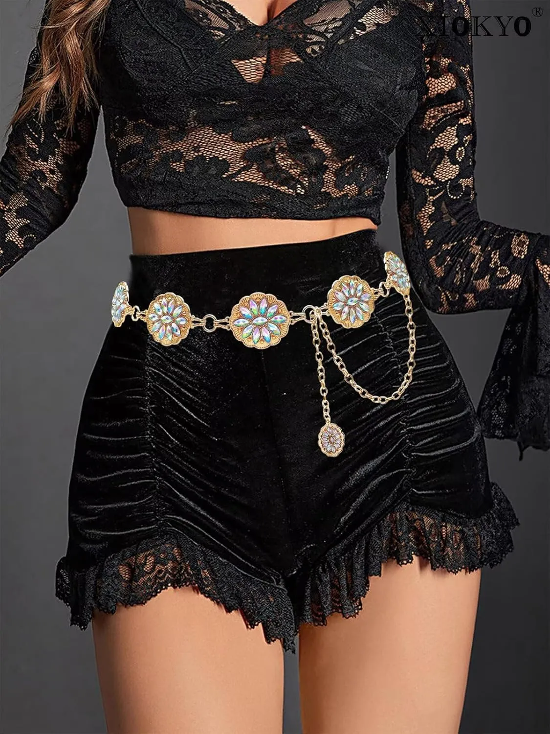Bling Rhinestone Concho Belt Gold Metal Western Pink Crystal Chain Belt Sparkly Waist Chain for Women Dress