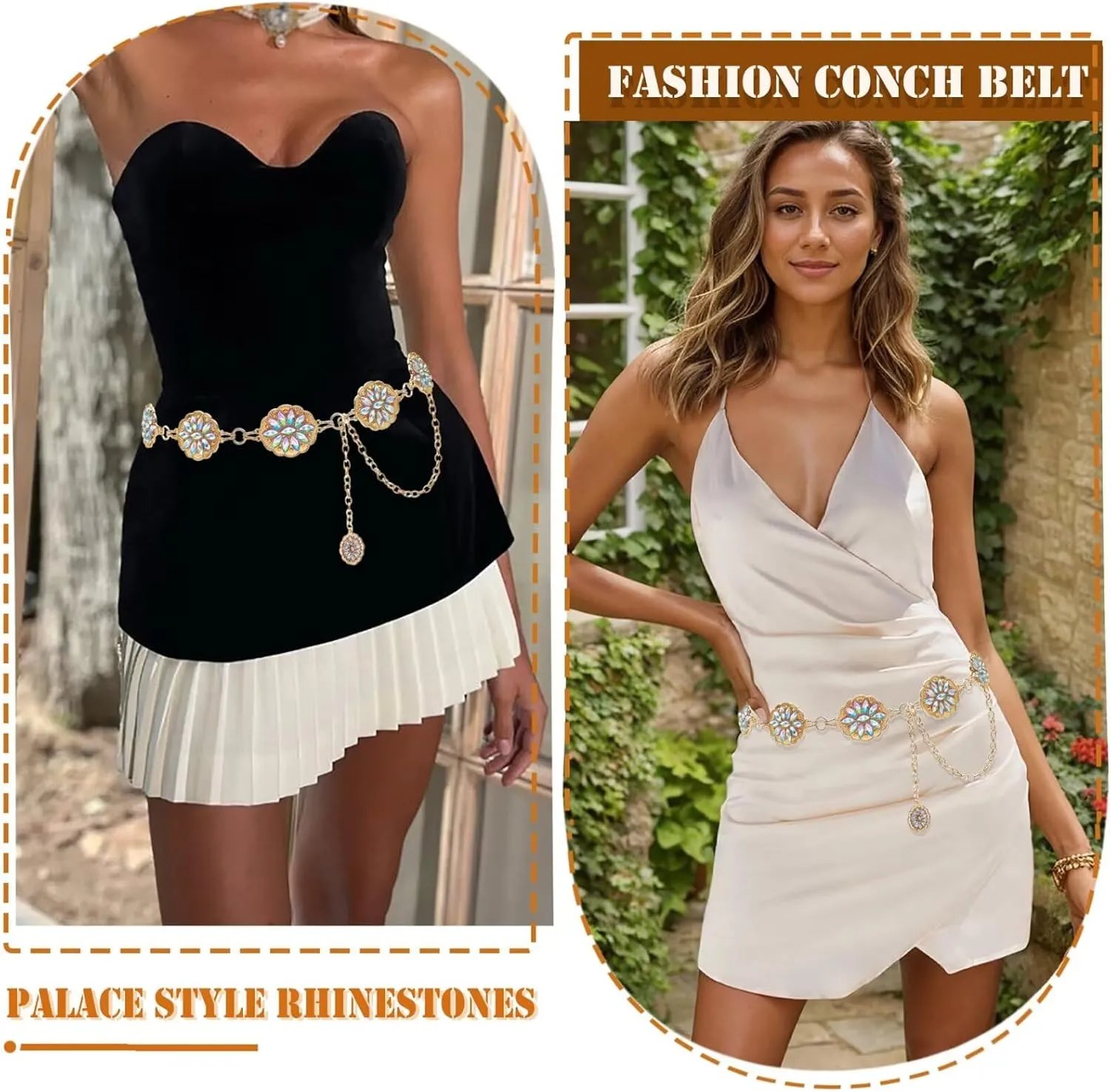 Bling Rhinestone Concho Belt Gold Metal Western Pink Crystal Chain Belt Sparkly Waist Chain for Women Dress
