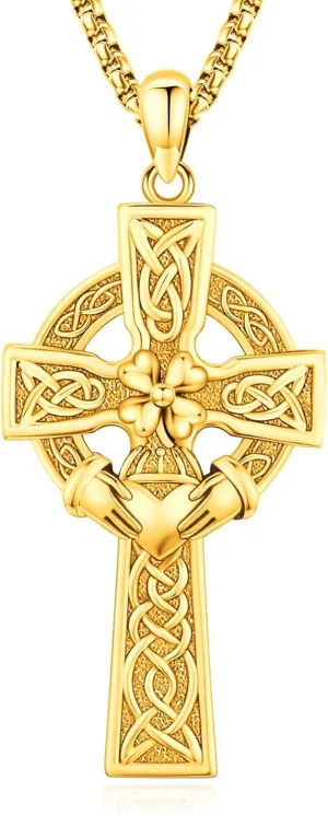 Celtic Cross Necklace Sterling Silver Irish Knot Claddagh Cross Pendant Jewelry for Men with 22" 2" Box Chain