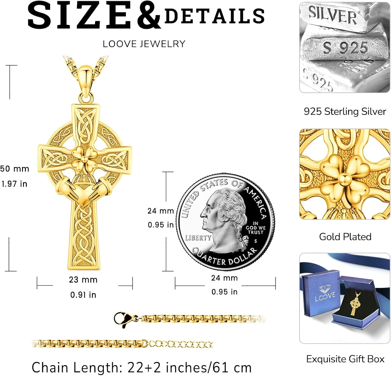 Celtic Cross Necklace Sterling Silver Irish Knot Claddagh Cross Pendant Jewelry for Men with 22" 2" Box Chain