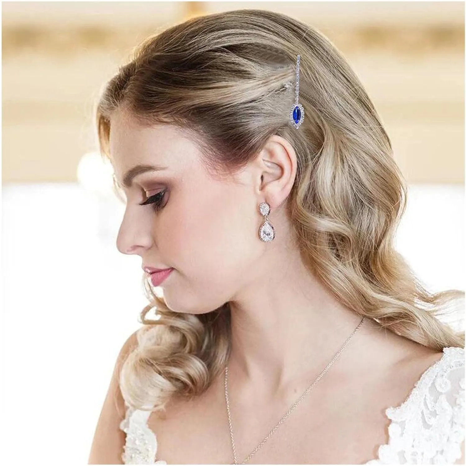 Crystal Wedding Hairpins Barrette Rhinestone Blue Crystal Hair Pins Barrette CZ Gemstone Hairpins Bridal Headpieces Decorative Head Clip Headwear Bridal Hair Accessories for Women and Girls