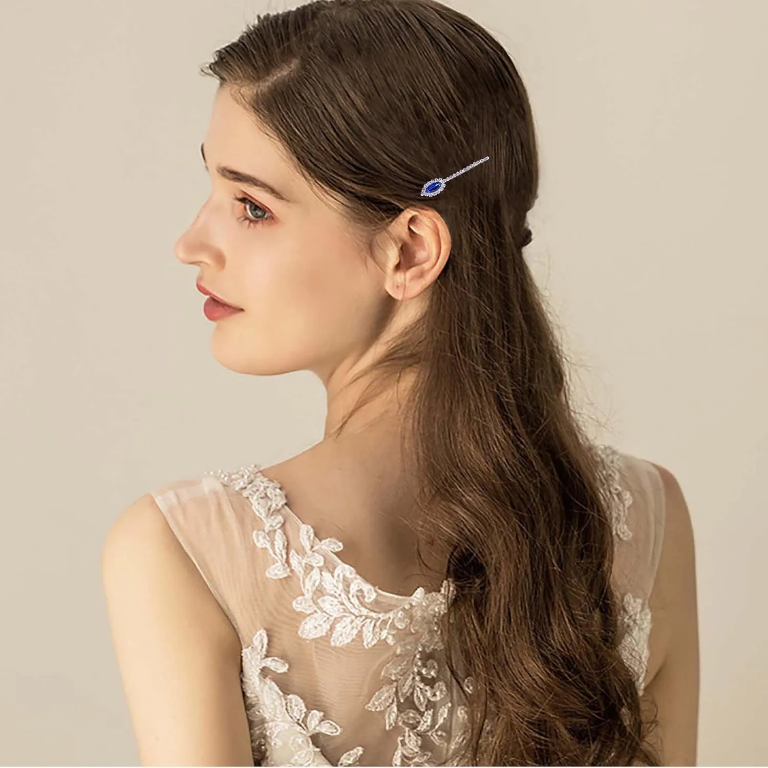 Crystal Wedding Hairpins Barrette Rhinestone Blue Crystal Hair Pins Barrette CZ Gemstone Hairpins Bridal Headpieces Decorative Head Clip Headwear Bridal Hair Accessories for Women and Girls