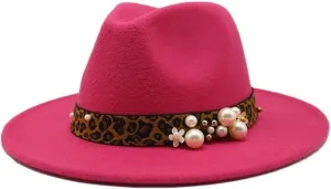 DHAEY Fashion Leopard Texture Pearl Wool Hat Men and Women Jazz Hat Autumn and Winter Versatile Felt Hat Flat Brim Hat with Leopard Belt Luopan Caps & Hats (Color : Rosy, Size : 59-61cm)