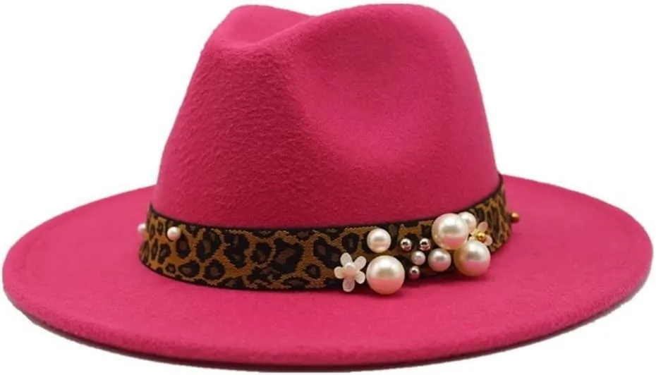 DHAEY Fashion Leopard Texture Pearl Wool Hat Men and Women Jazz Hat Autumn and Winter Versatile Felt Hat Flat Brim Hat with Leopard Belt Luopan Caps & Hats (Color : Rosy, Size : 59-61cm)