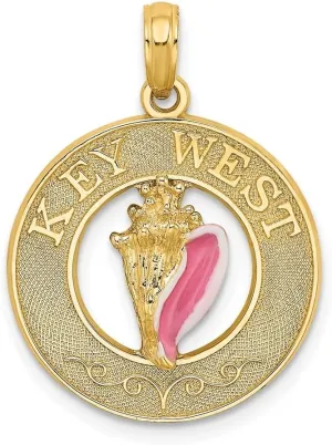 Diamond2Deal 14k Yellow Gold Enamel Conch Shell with KEY WEST Circle Charm Pendant (L-1.02 Inch, W-0.75 Inch)
