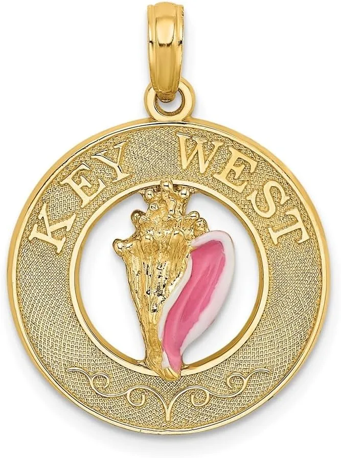 Diamond2Deal 14k Yellow Gold Enamel Conch Shell with KEY WEST Circle Charm Pendant (L-1.02 Inch, W-0.75 Inch)