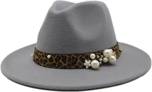 Fashion Leopard Texture Pearl Wool Hat Men and Women Jazz Hat Autumn and Winter Versatile Felt Hat Flat Brim Hat with Leopard Belt Fengyan Cowboy Hats (Color : Light Grey, Size : 56-58cm)