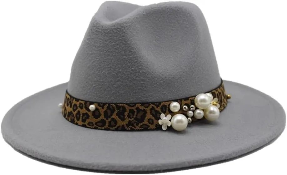 Fashion Leopard Texture Pearl Wool Hat Men and Women Jazz Hat Autumn and Winter Versatile Felt Hat Flat Brim Hat with Leopard Belt Fengyan Cowboy Hats (Color : Light Grey, Size : 56-58cm)