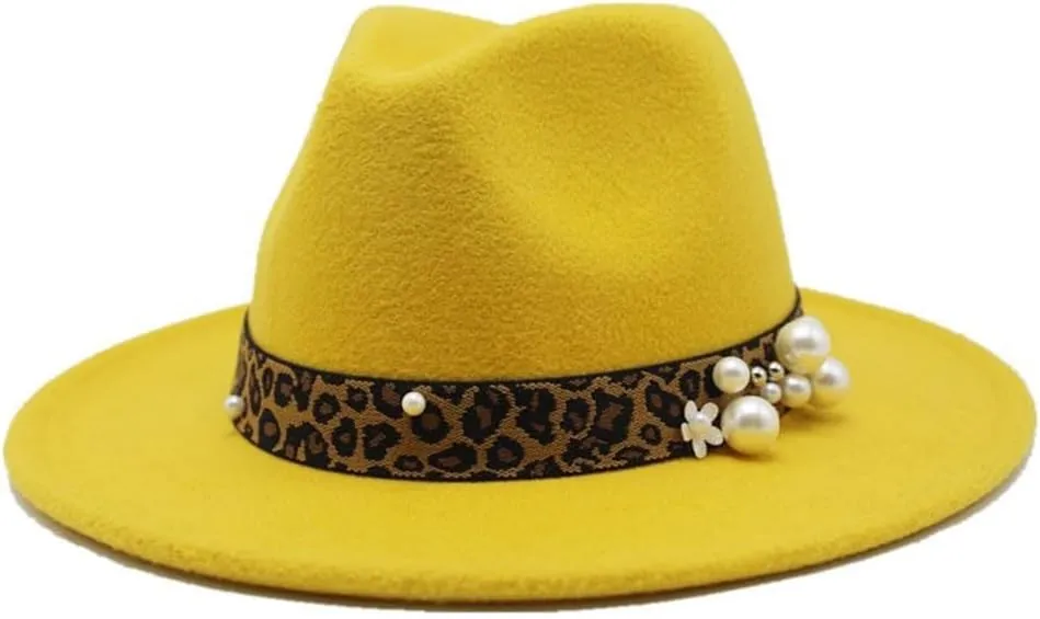 Fashion Leopard Texture Pearl Wool Hat Men and Women Jazz Hat Autumn and Winter Versatile Felt Hat Flat Brim Hat with Leopard Belt Fengyan Cowboy Hats (Color : Rose Red, Size : 56-58cm)