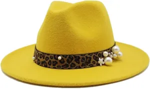 Fashion Leopard Texture Pearl Wool Hat Men and Women Jazz Hat Autumn and Winter Versatile Felt Hat Flat Brim Hat with Leopard Belt Fengyan Cowboy Hats (Color : Rose Red, Size : 56-58cm)
