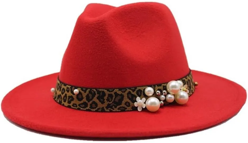 Fashion Leopard Texture Pearl Wool Hat Men and Women Jazz Hat Autumn and Winter Versatile Felt Hat Flat Brim Hat with Leopard Belt Fengyan Cowboy Hats (Color : Rose Red, Size : 59-61cm)