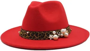 Fashion Leopard Texture Pearl Wool Hat Men and Women Jazz Hat Autumn and Winter Versatile Felt Hat Flat Brim Hat with Leopard Belt Fengyan Cowboy Hats (Color : Rose Red, Size : 59-61cm)