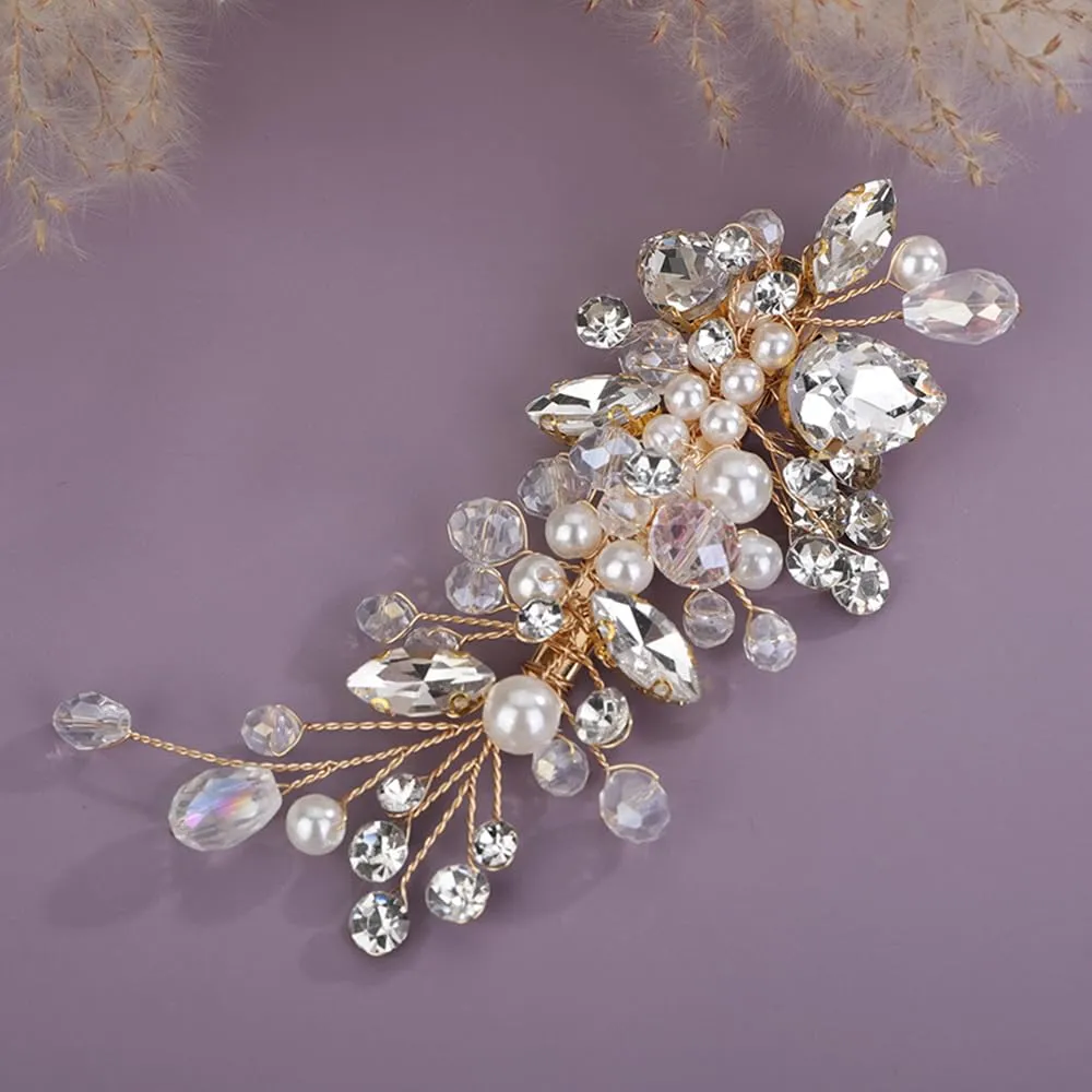 Gold Rhinestones Hair Clip Side Headpiece for Women Handmade Hair Jewelry Wedding Brides (Gold)