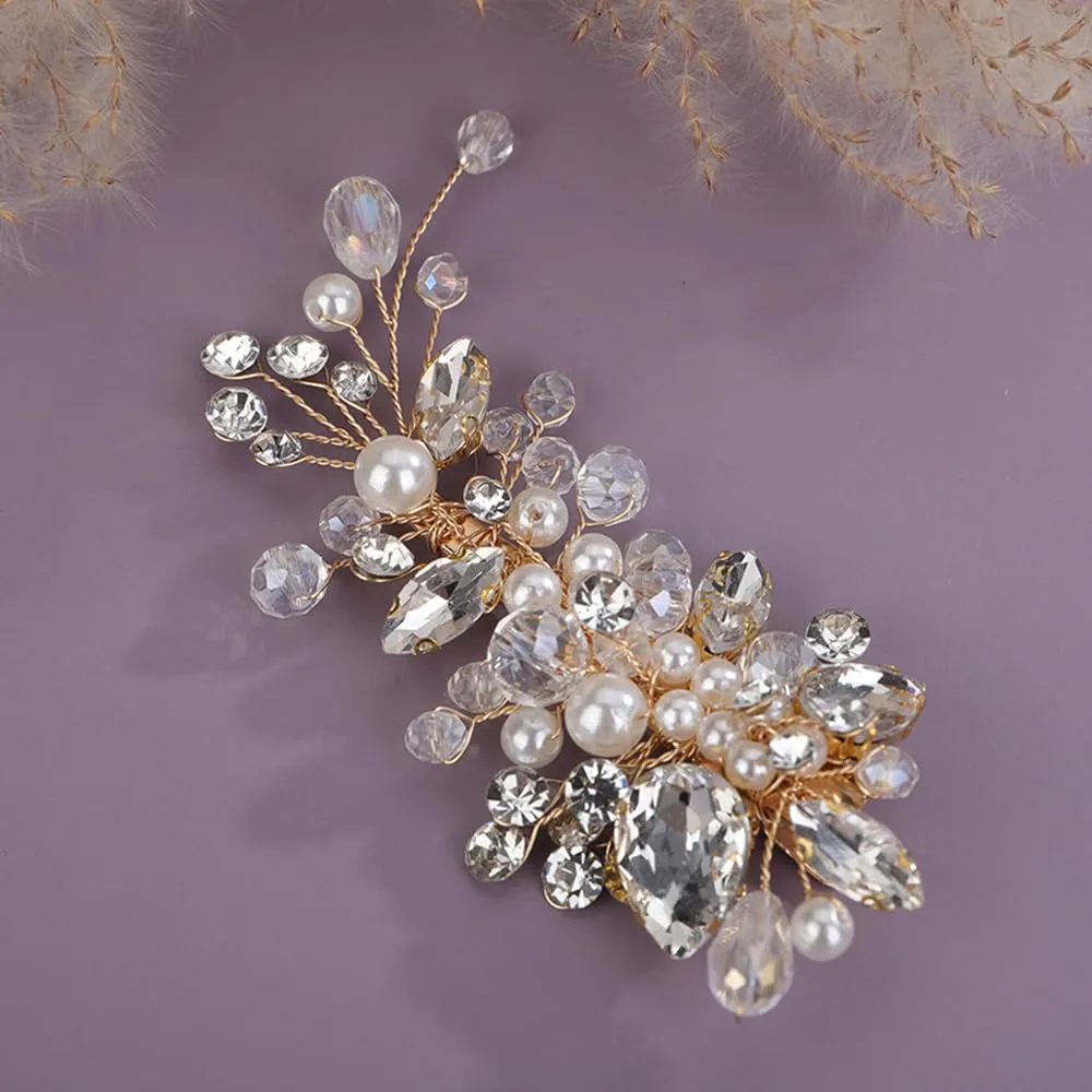 Gold Rhinestones Hair Clip Side Headpiece for Women Handmade Hair Jewelry Wedding Brides (Gold)