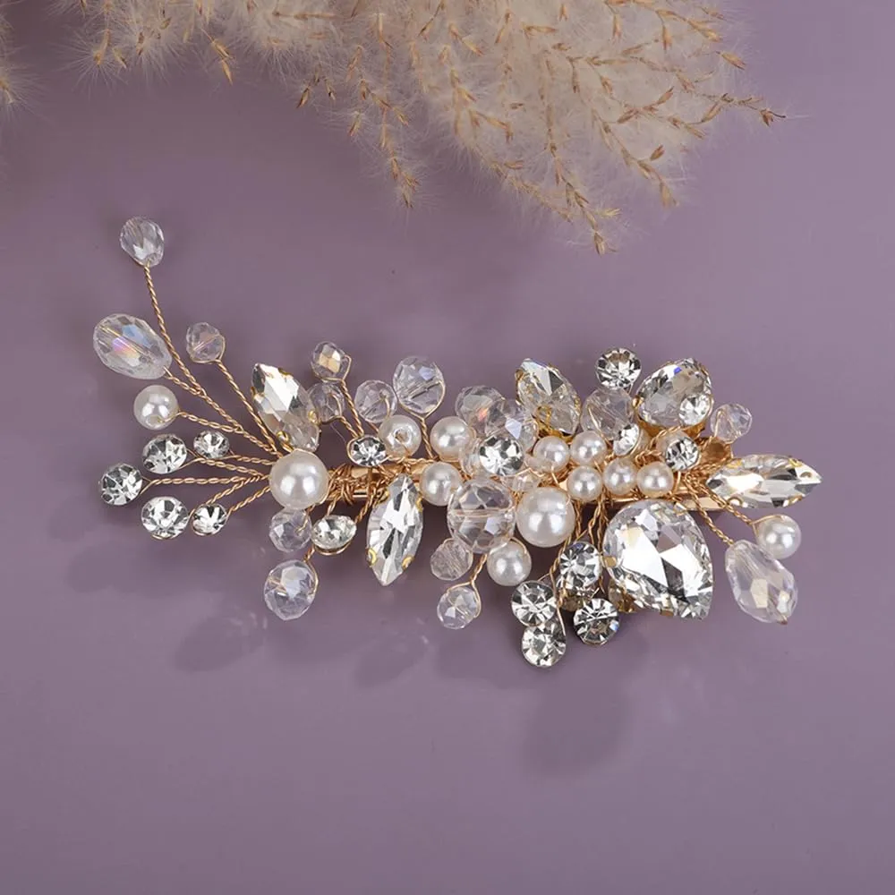 Gold Rhinestones Hair Clip Side Headpiece for Women Handmade Hair Jewelry Wedding Brides (Gold)