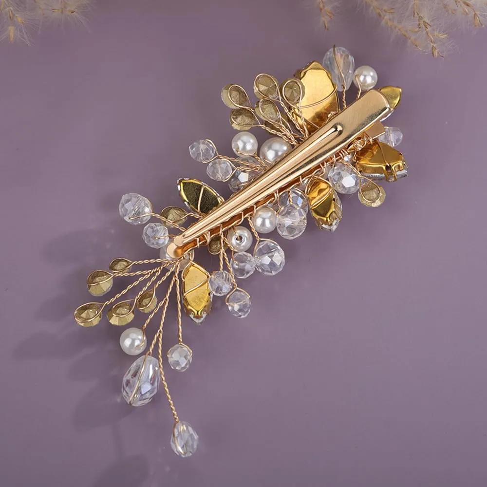 Gold Rhinestones Hair Clip Side Headpiece for Women Handmade Hair Jewelry Wedding Brides (Gold)