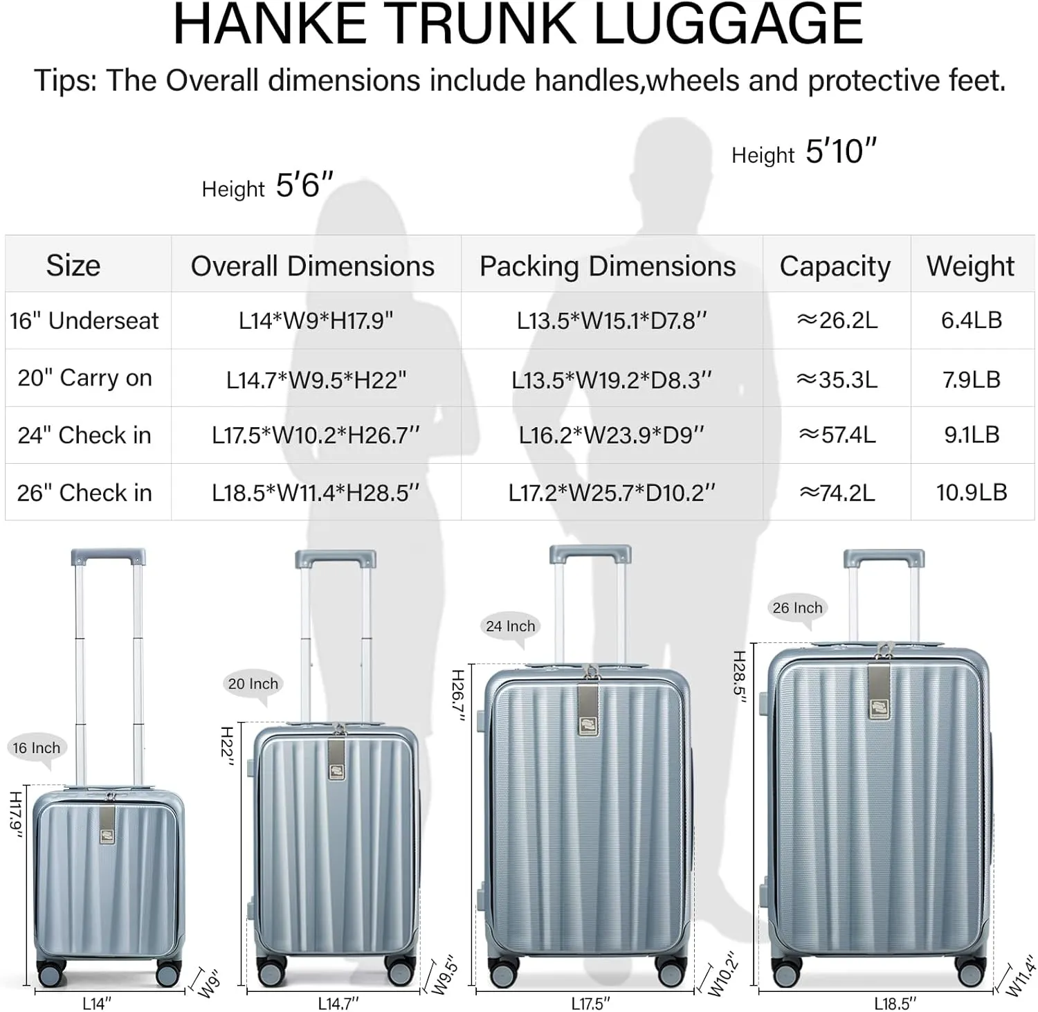 Hanke 24 Inch Checked Luggage with Spinner Wheels PC Hard Shell Suitcases Top Open Aluminum Frame Travel Luggage Rolling Suitcase for Woman Men.(Grey)