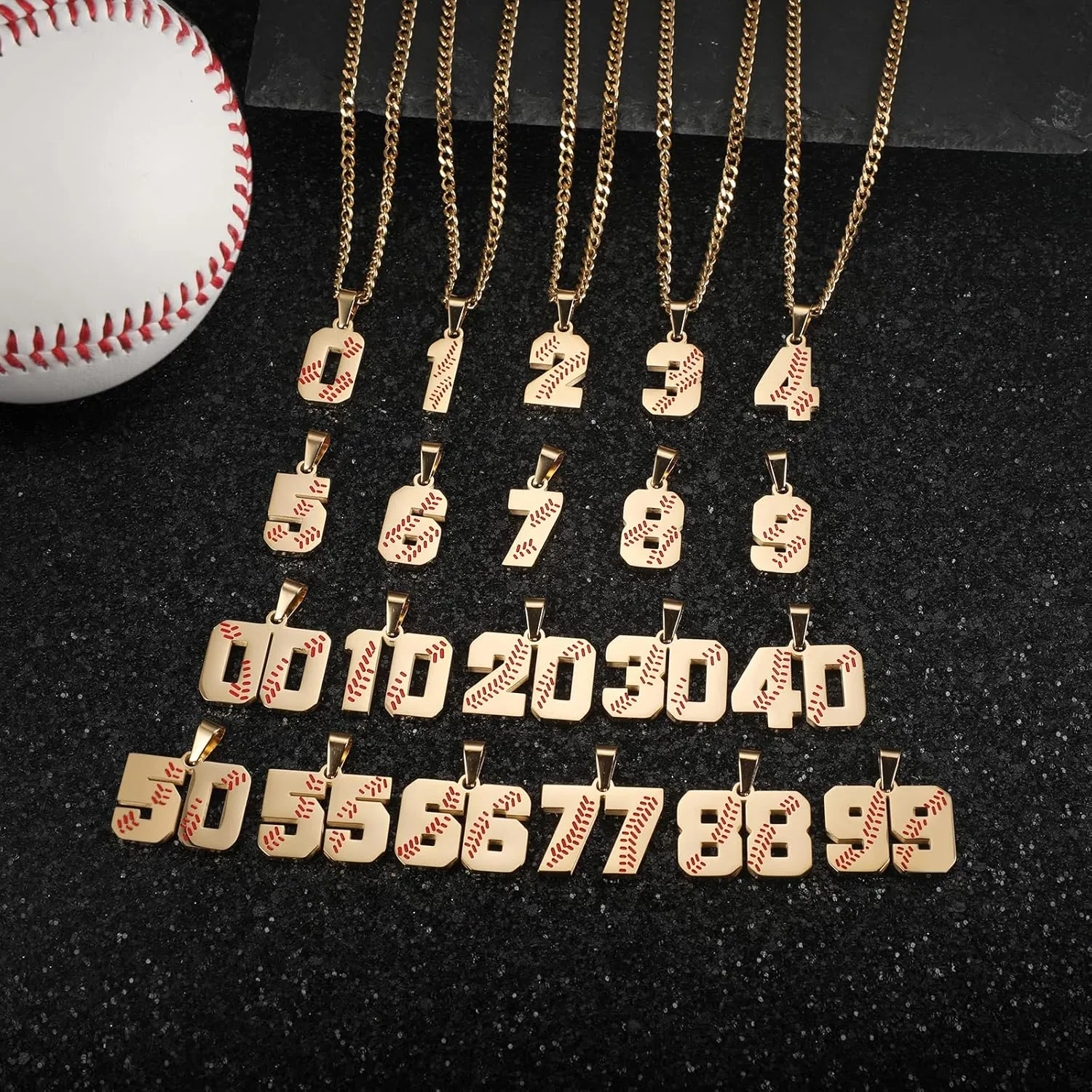 Hatti Doris Baseball Number Necklace for Men 00-99 - Jersey Number Necklace with Stainless Steel Gold Plated Chain & Baseball Charm Pendant