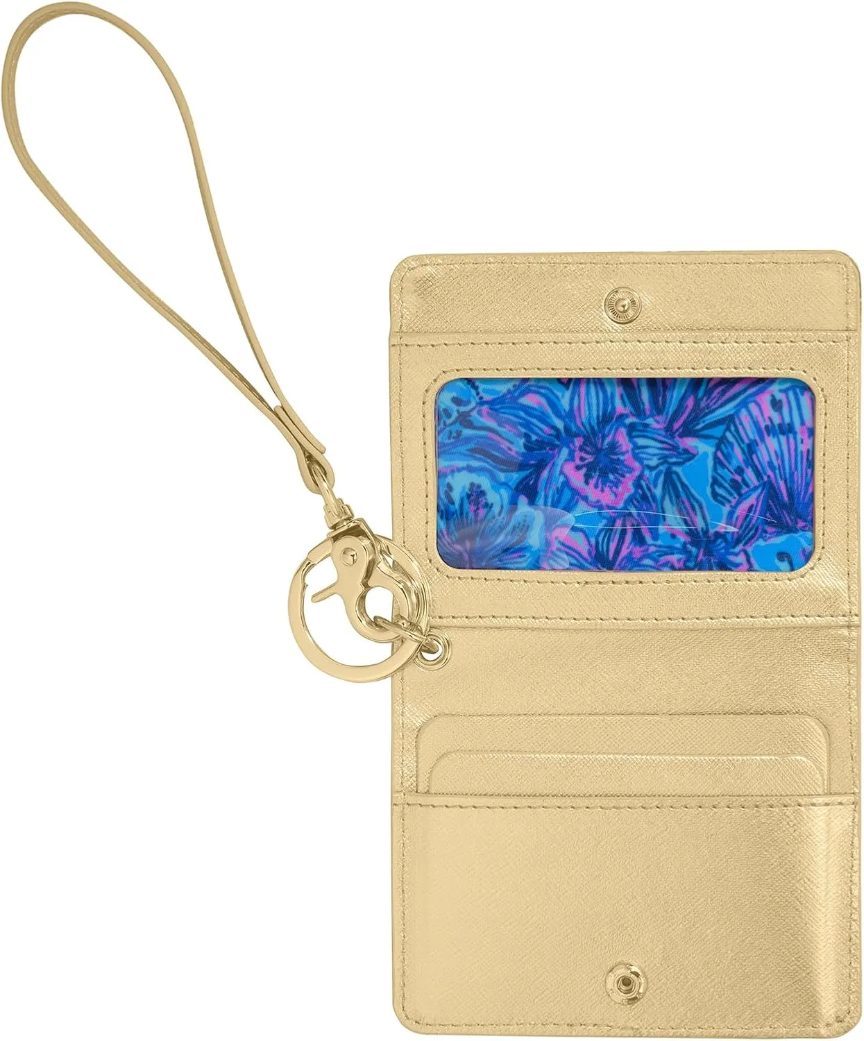 Lilly Pulitzer Vegan Leather Snap ID Card Case, Cute Keychain Wallet, Slim Credit Card Holder with Wristlet Strap (Shells n Bells)