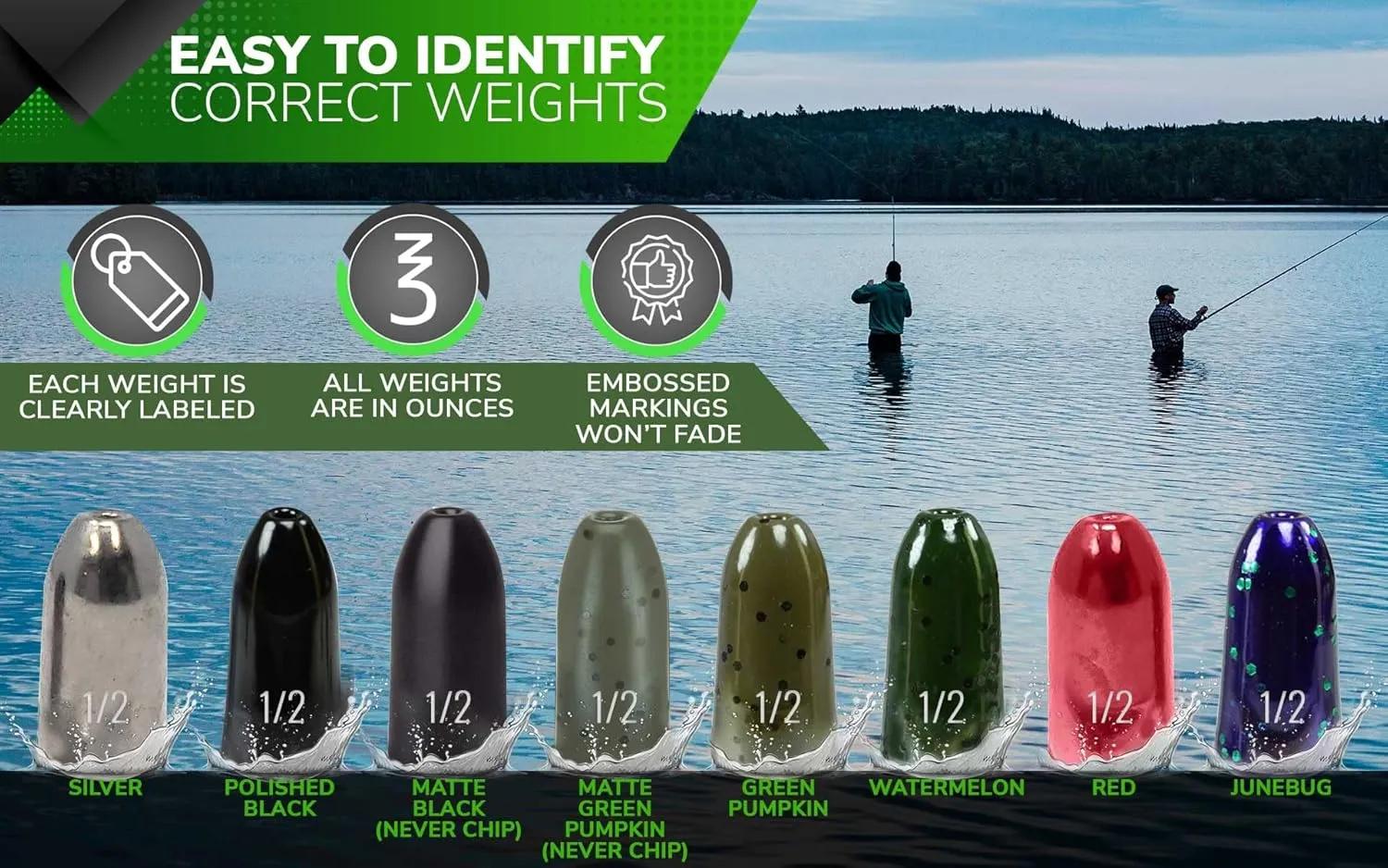 Reaction Tackle Tungsten Worm Weights for Bass Fishing - Bullet Shaped Sinkers/Fishing Weights - for Texas Rig and Carolina Rig/Size Stamped