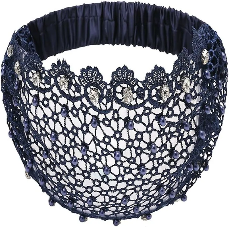 Retro Wide Rhinestone Cover Headband Hair Band Headdress Rhinestone Cover Head Pearl Headwear for Women(Navy Blue)
