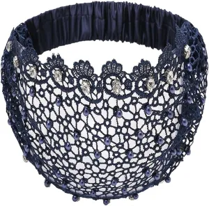 Retro Wide Rhinestone Cover Headband Hair Band Headdress Rhinestone Cover Head Pearl Headwear for Women(Navy Blue)
