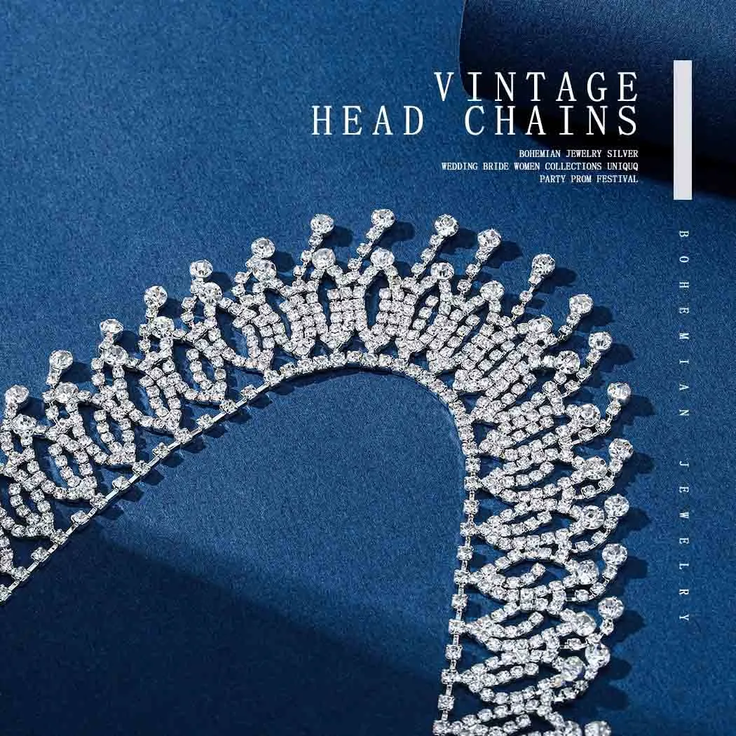 Rhinestone Head Chain Silver Jewelred Headpiece Tassel Boho Hair Chain Wedding Bride Hair Accessories for Women (Silver-Vintage)