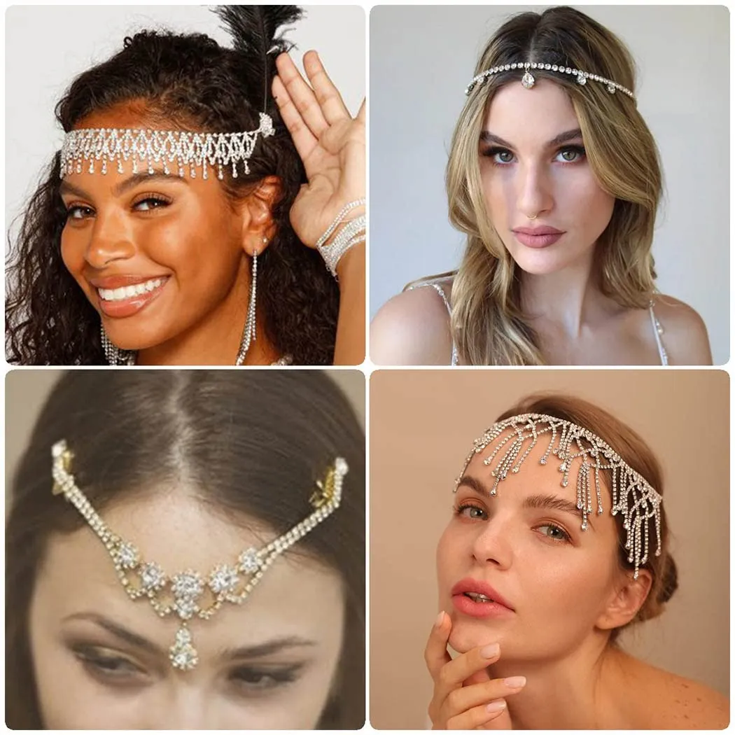 Rhinestone Head Chain Silver Jewelred Headpiece Tassel Boho Hair Chain Wedding Bride Hair Accessories for Women (Silver-Vintage)