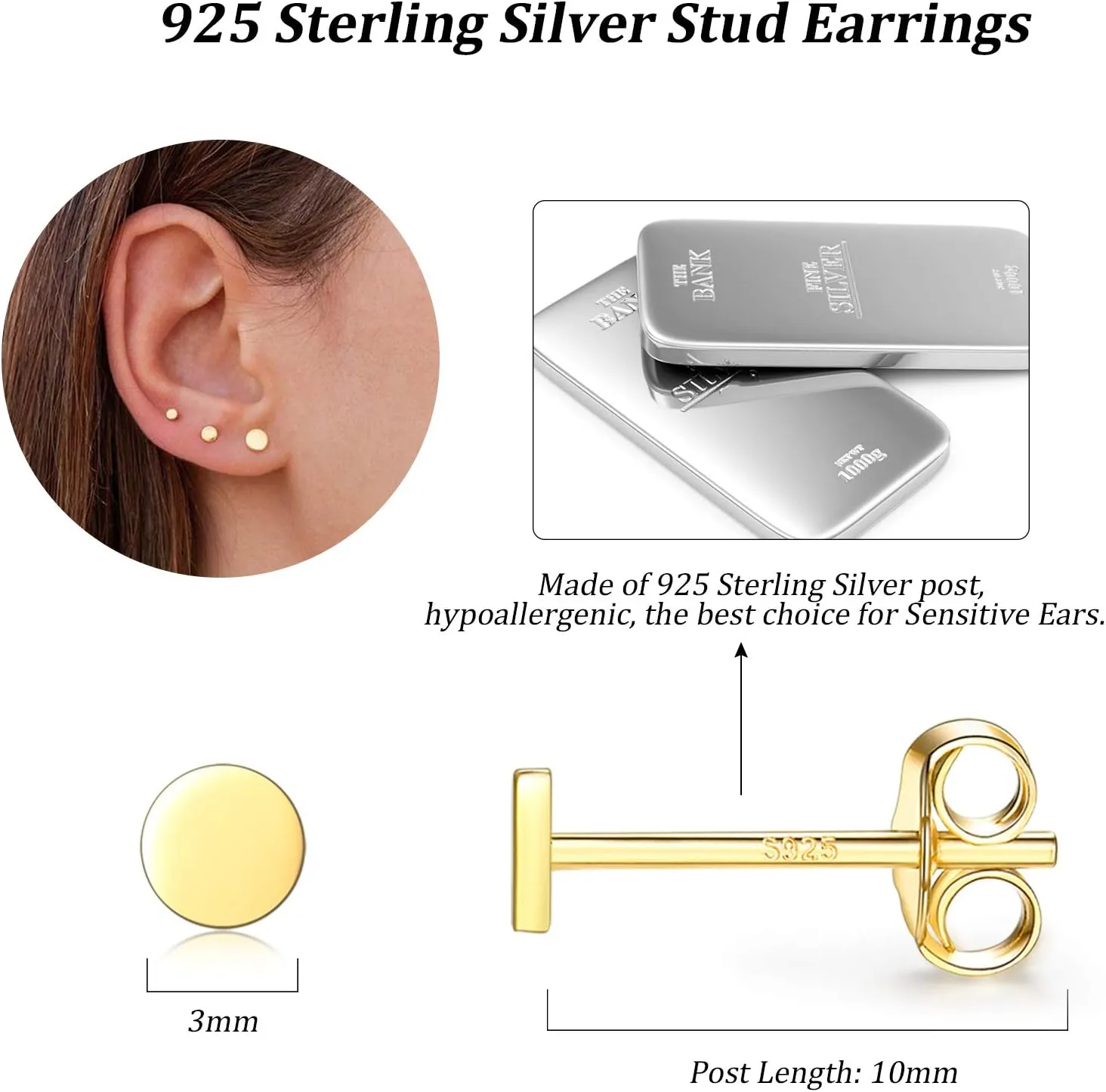 Sterling Silver Stud Earrings for Women Men, 3 Pairs Tiny Flat Dot Earrings Set | Small Round Disc Stud Earrings Dainty Cartilage Tragus Circle Triangle Earrings(Silver/Gold/Rose Gold)
