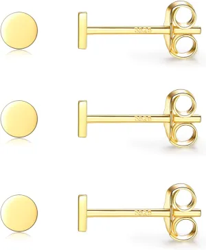 Sterling Silver Stud Earrings for Women Men, 3 Pairs Tiny Flat Dot Earrings Set | Small Round Disc Stud Earrings Dainty Cartilage Tragus Circle Triangle Earrings(Silver/Gold/Rose Gold)