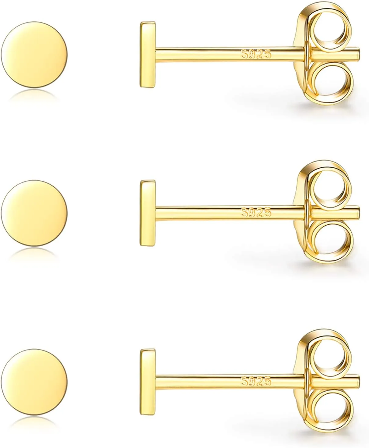 Sterling Silver Stud Earrings for Women Men, 3 Pairs Tiny Flat Dot Earrings Set | Small Round Disc Stud Earrings Dainty Cartilage Tragus Circle Triangle Earrings(Silver/Gold/Rose Gold)