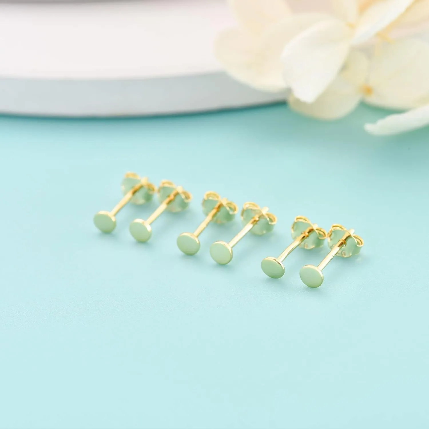 Sterling Silver Stud Earrings for Women Men, 3 Pairs Tiny Flat Dot Earrings Set | Small Round Disc Stud Earrings Dainty Cartilage Tragus Circle Triangle Earrings(Silver/Gold/Rose Gold)