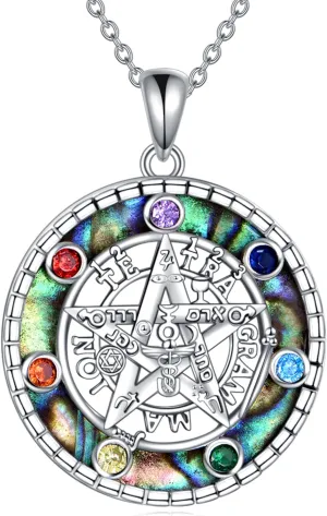 Sterling Silver Tetragrammaton Necklace for Women Men Abalone Shell Pentagram Pendant Necklace Wiccan Protection Amulet Pentacle Star Jewelry Gift for Wife Husband