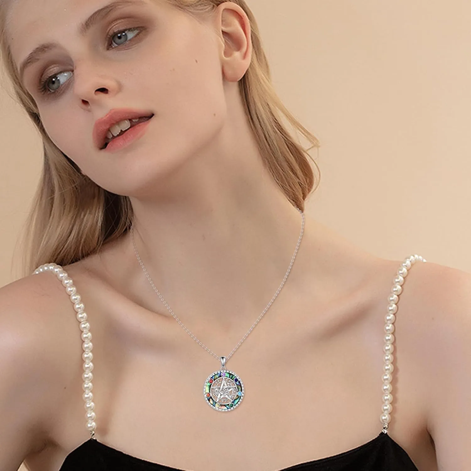 Sterling Silver Tetragrammaton Necklace for Women Men Abalone Shell Pentagram Pendant Necklace Wiccan Protection Amulet Pentacle Star Jewelry Gift for Wife Husband