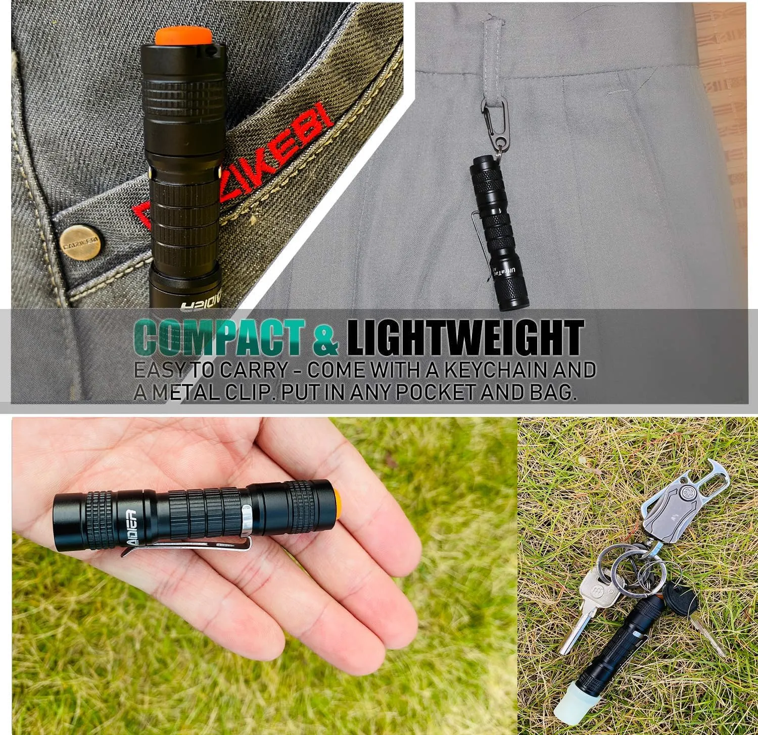 Ultra Bright Compact EDC Keychain LED Flashlight 180lm Pocket Flashlight with Battery IPX7 Waterproof Tail Switch Flashlights for Camping, Hiking, Outdoor Activity and Emergency Lighting