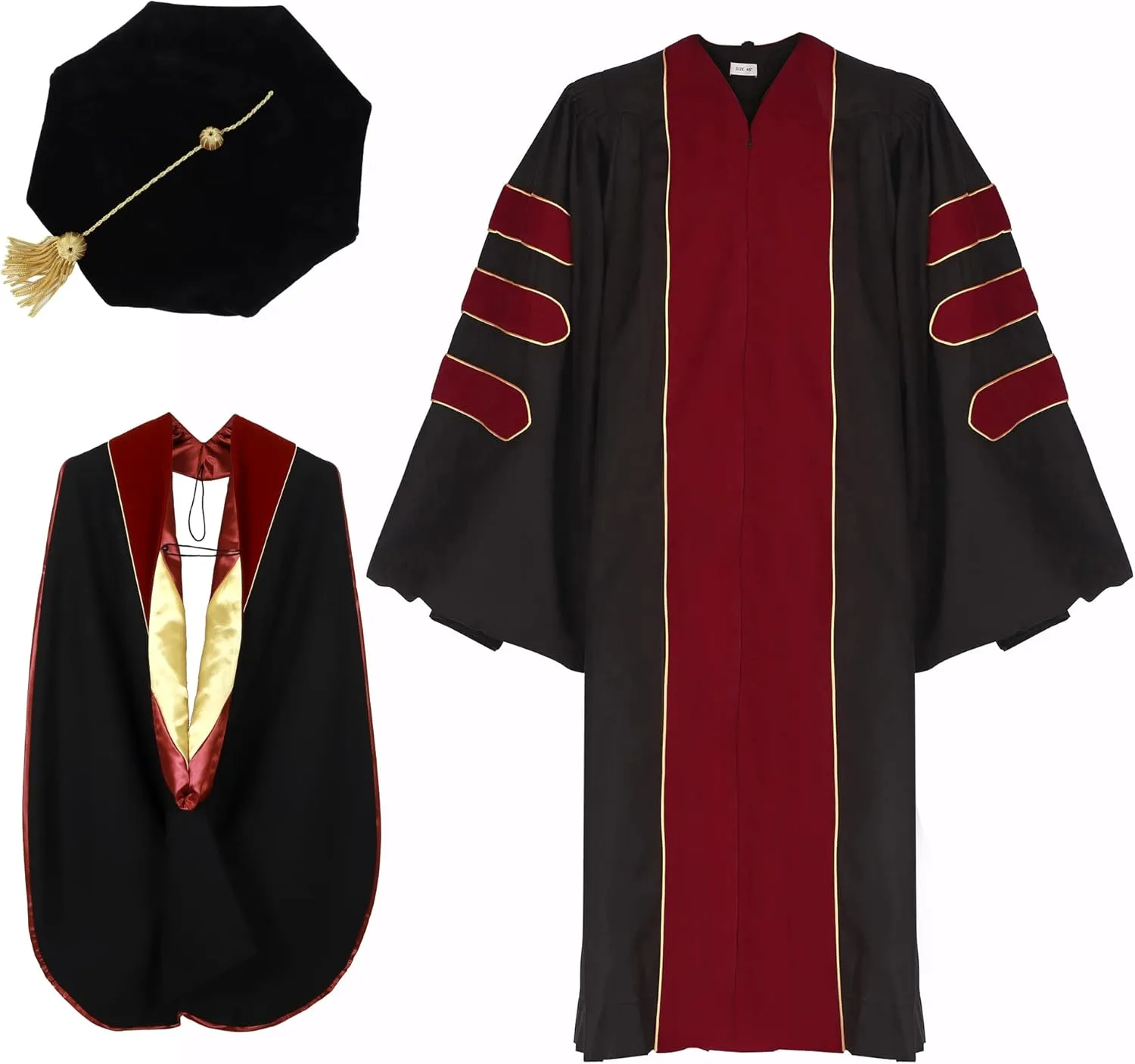 Unisex Deluxe Doctoral Graduation Gown and Doctoral Hood 8 Sided Tam Package