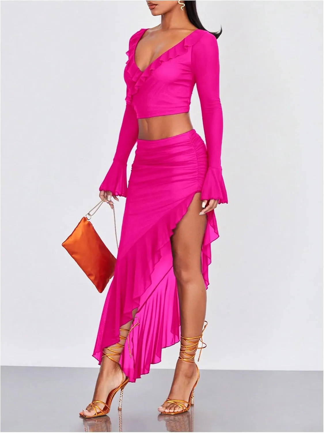 Verdusa Women's Asymmetrical High Slit Mesh Long Skirts Ruffle Hem Ruched Flowy Bodycon Skirt