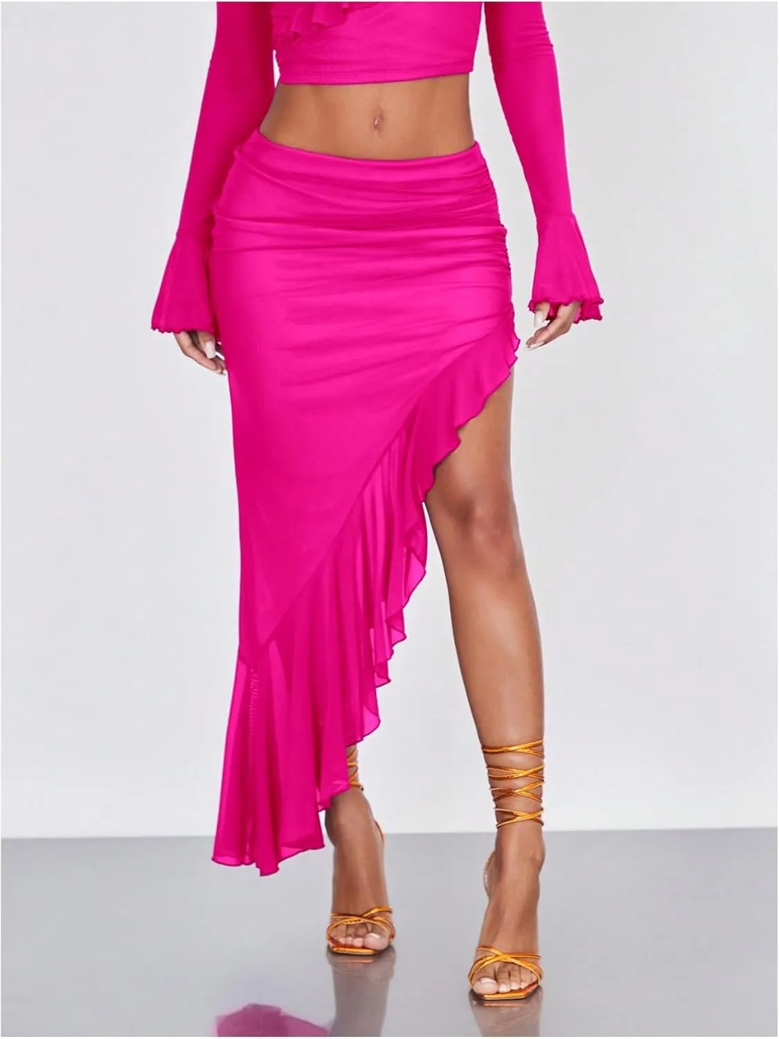 Verdusa Women's Asymmetrical High Slit Mesh Long Skirts Ruffle Hem Ruched Flowy Bodycon Skirt
