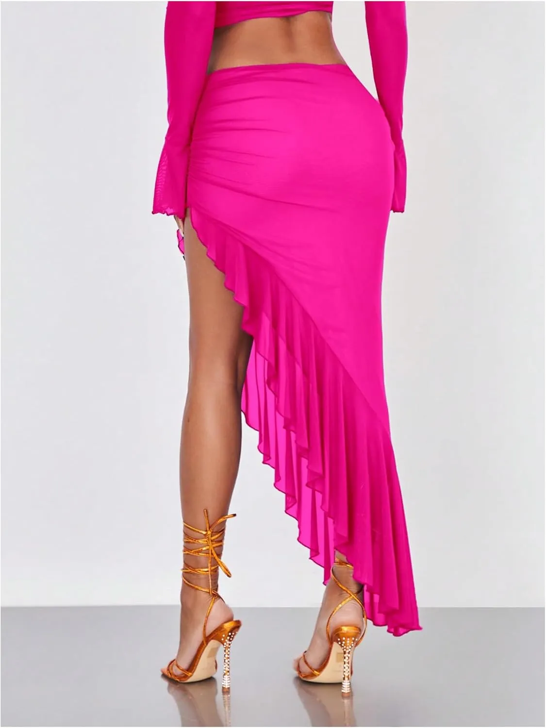 Verdusa Women's Asymmetrical High Slit Mesh Long Skirts Ruffle Hem Ruched Flowy Bodycon Skirt