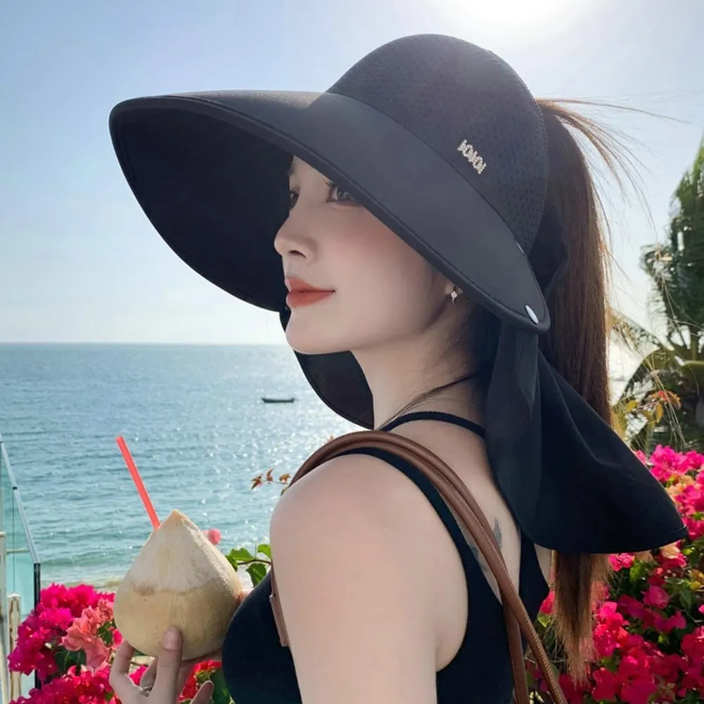 Women's Summer hat Diamond-Encrusted Sun Block hat UV Protection Large Brim Design Neck Cape hat for Beach Hiking Outdoor